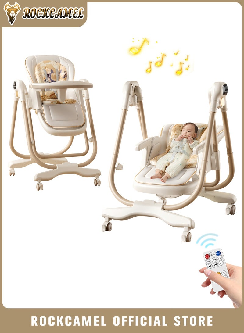 ROCKCAMEL 2-in-1 Electric Baby High Chair & Rocker with Remote Control, 8-Level Rocking Speed & Height Adjustment, Rechargeable Rocking Chair with Wheels, 3-Stage Timer & Music, Foldable Infant Feeding Chair(White) - Image 1